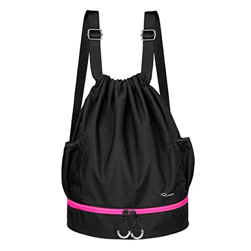 Ryaco Mochila de Cuerda Unisex, Saco de Gimnasia para Deporte Gimnasio Yoga Nadar (Negro & Rosa)