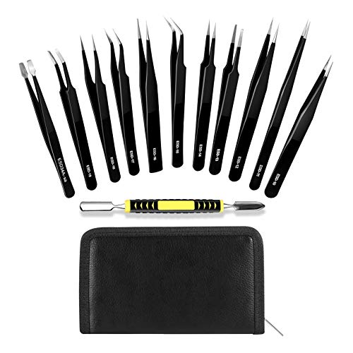 RYMALL 12 Piezas Pinzas de Precisión, ESD Anti-Estáticas de Acero Inoxidable Pinzas para Electrónica, Joyería, Trabajo de Laboratorio, Maintenance Tools, Ceja y Pelo,negro