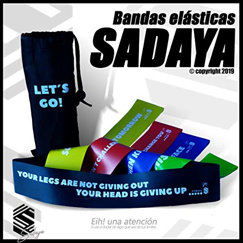 Sadaya - Bandas Elasticas Fitness/Bandas de Resistencia/Resistence Loop Bands, eBook en Español y Portugués + Bolsa, Juego de 5 Cintas elásticas con 5 Niveles de Fuerza, para Yoga, Pilates, Crossfit