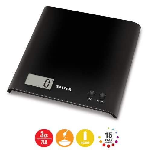 Salter 1066 BKDR15 Báscula de cocina, Ahorro de espacio Fácil de almacenar, Pantalla grande, Función de adición y pesaje más ingredientes en el mismo contenedor, Capacidad 3 kg, Negro