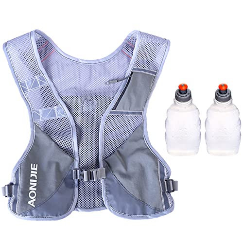 SANIQUEEN.G Ligero Mochila de Hidratación Superior Chaleco para Marathoner Ciclismo Trail Running Hombre Mujer (Gris - con 250ml botellas de agua)