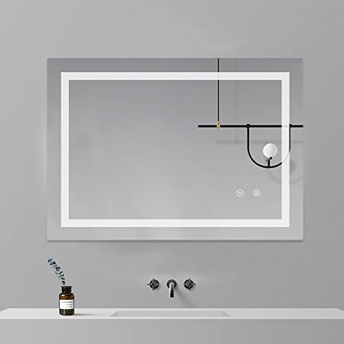 Sanitemodar Espejo de Baño 50 x 70 cm, Espejo de Baño con Tira de LED de Doble Brillo (Luz Blanca Fría 6500K), Espejo de Cortesía con Interruptor Táctil y Función Antivaho