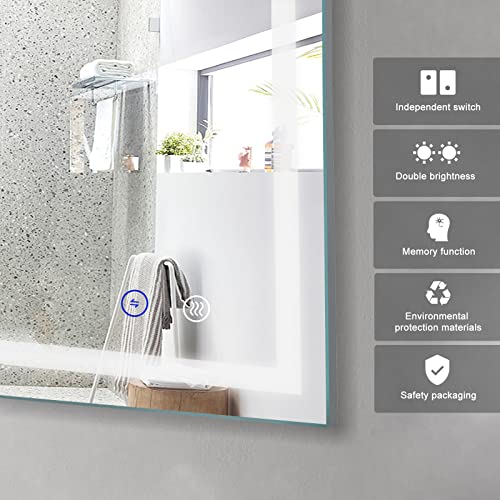 Sanitemodar Espejo de Baño 50 x 70 cm, Espejo de Baño con Tira de LED de Doble Brillo (Luz Blanca Fría 6500K), Espejo de Cortesía con Interruptor Táctil y Función Antivaho