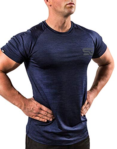 Satire Gym - Camiseta de fitness para hombre – Ropa deportiva funcional – Adecuado para entrenamiento – Corte ajustado, azul marino, XXL