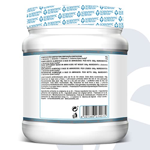 Scientiffic Nutrition - Glutamine Neutro, Glutamina 100% Pura en Polvo Sin Sabor, Favorece el Desarrollo y Recuperación Muscular, con el Sello Kyowa Quality - 500g