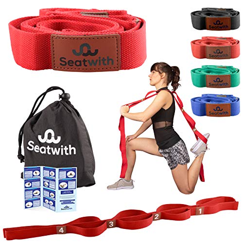 Seatwith Correa de gimnasia con 10 lazos, yoga y estiramiento para mayor movilidad, bolsa de transporte e instrucciones de entrenamiento en PDF para fisioterapia de fitness y pilates, Rojo, 200x4 cm