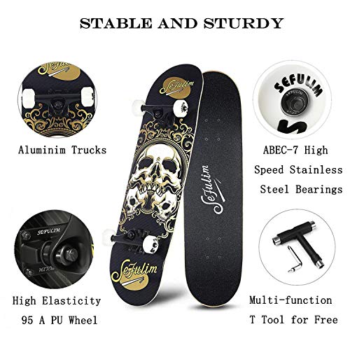 sefulim Skull Skateboard Complete 31x8 Inches Double Kick Trick Skateboards Cruiser Penny Beginners Longboard with Maple Deck Adult Boys Also Girls Skateboard …