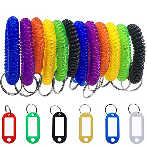 SENHAI - 12 llaveros de pulsera y 6 etiquetas llaveros con pulsera elástica de plástico en forma de muelle en espiral,con ventana para llaveros, mascotas o bolsas de equipaje