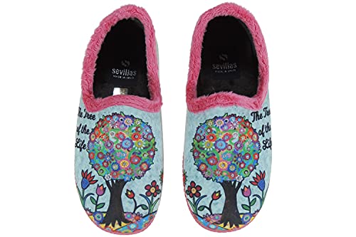 SEVILLAS: Zapatilla de IR por Casa para Mujer. Árbol de la Vida. Invierno. Suapel. Piso Goma Antideslizante. Celeste Talla 36