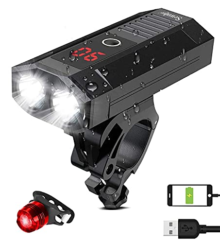 SEWOBYE Luz Bicicleta Led Alta Potencia 2400 Lúmenes, Luces Bicicleta Recargable USB Delantera con Pantalla Led, Luz Bici de Montaña 5 Modes y Luz Bici Trasera