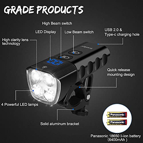 SEWOBYE Pro 100 Luz Bicicleta Delantera y Traseras, 2000 Lúmenes 4*XPG-3 LED Luces Bicicleta Potentes con Pantalla LED, 6400 mAh Batería Grande Luz LED Bicicleta para MTB…