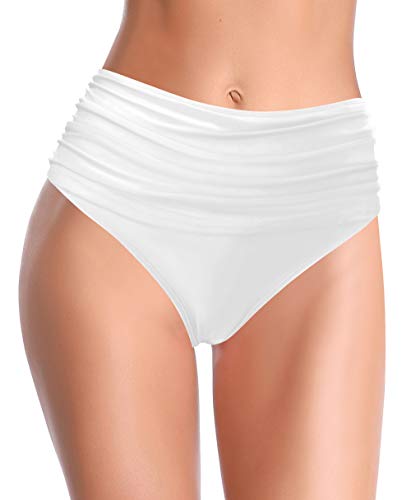 SHEKINI Shorts Natación para Mujer Traje de Baño Retro Abdominal Control Cintura Alta Negros Pliegues Bañador Clásico Bikini Bottoms(M，C-Blanco