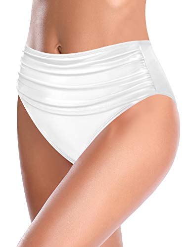 SHEKINI Shorts Natación para Mujer Traje de Baño Retro Abdominal Control Cintura Alta Negros Pliegues Bañador Clásico Bikini Bottoms(M，C-Blanco