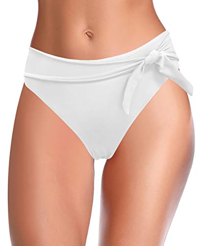 SHEKINI Traje de Baño para Mujer Abdominal Cintura Alta de Bikini Pantalones de natación Ruched Color Sólido Bañadores Retro Ropa de Playa Bikini Bragas (Blanco D, L)