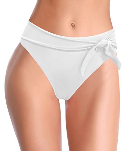 SHEKINI Traje de Baño para Mujer Abdominal Cintura Alta de Bikini Pantalones de natación Ruched Color Sólido Bañadores Retro Ropa de Playa Bikini Bragas (Blanco D, L)