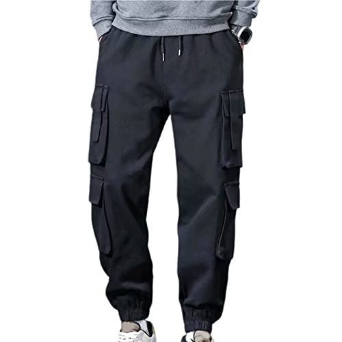 SHINROAD Pantalones de hombre con bandas de tobillo y forro polar suelto cómodo cintura elástica espesar transpirable Multi bolsillos pantalones cargo para la escuela trabajo calle baile negro XL