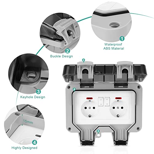 SHYOSUCCE Enchufe de Exterior Doble, Toma de Corriente Exterior IP66, con Interruptor, Conector de Cable y Tapa Abatible, Enchufes Estancos para Cocina, Baño, Garaje, Piscina y Jardín