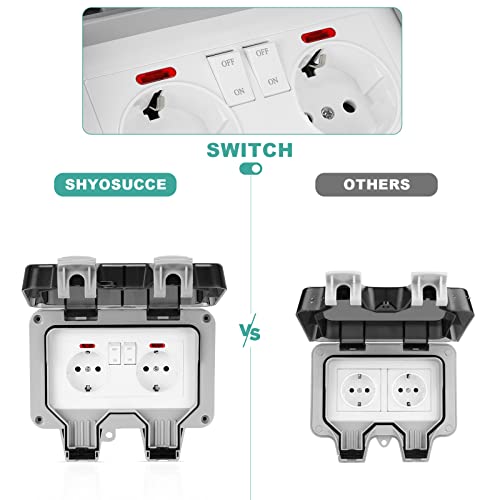 SHYOSUCCE Enchufe de Exterior Doble, Toma de Corriente Exterior IP66, con Interruptor, Conector de Cable y Tapa Abatible, Enchufes Estancos para Cocina, Baño, Garaje, Piscina y Jardín