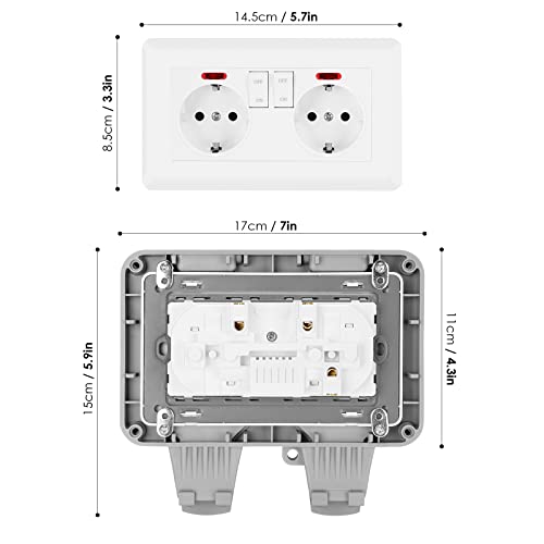 SHYOSUCCE Enchufe de Exterior Doble, Toma de Corriente Exterior IP66, con Interruptor, Conector de Cable y Tapa Abatible, Enchufes Estancos para Cocina, Baño, Garaje, Piscina y Jardín