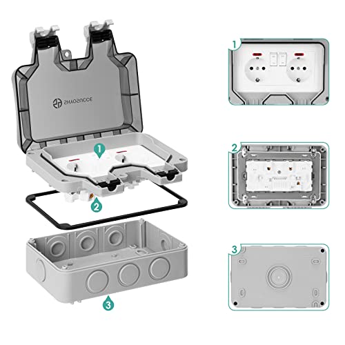 SHYOSUCCE Enchufe de Exterior Doble, Toma de Corriente Exterior IP66, con Interruptor, Conector de Cable y Tapa Abatible, Enchufes Estancos para Cocina, Baño, Garaje, Piscina y Jardín