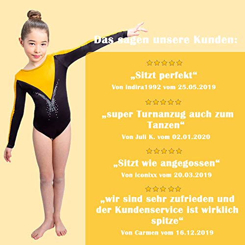 Siegertreppchen® Maillot de Gimnasia para niñas Talla 140 Traje de Gimnasia de Manga Larga FLEURIE para Gimnasia, Fitness y Baile en Oro