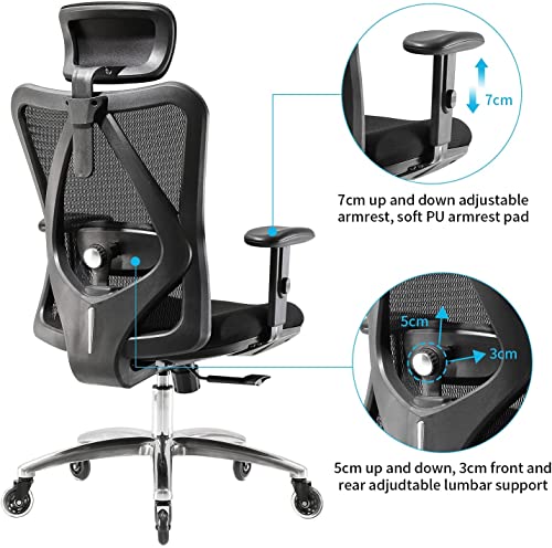 SIHOO Silla de Oficina ergonómica, Silla giratoria de Malla Transpirable, con Ruedas silenciosas Antideslizantes, Soporte Lumbar Ajustable, reposacabezas y apoyabrazos, Carga máxima 150 kg