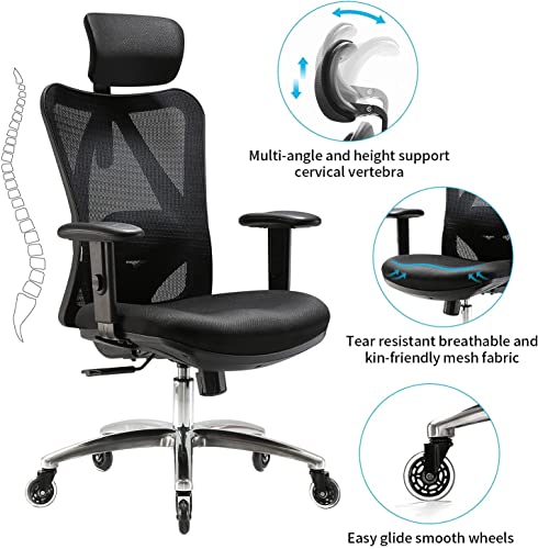 SIHOO Silla de Oficina ergonómica, Silla giratoria de Malla Transpirable, con Ruedas silenciosas Antideslizantes, Soporte Lumbar Ajustable, reposacabezas y apoyabrazos, Carga máxima 150 kg