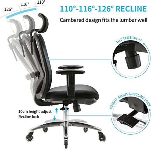 SIHOO Silla de Oficina ergonómica, Silla giratoria de Malla Transpirable, con Ruedas silenciosas Antideslizantes, Soporte Lumbar Ajustable, reposacabezas y apoyabrazos, Carga máxima 150 kg