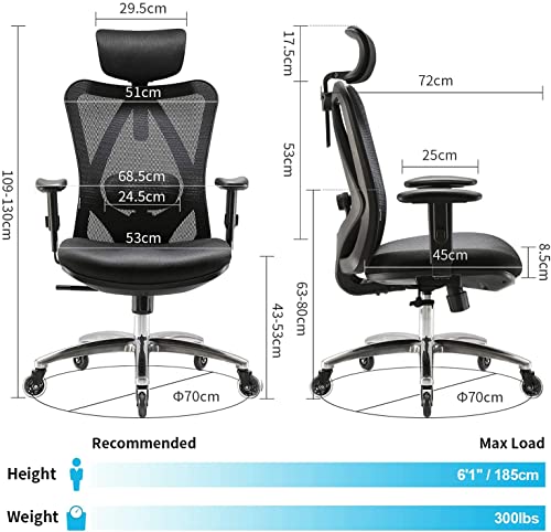 SIHOO Silla de Oficina ergonómica, Silla giratoria de Malla Transpirable, con Ruedas silenciosas Antideslizantes, Soporte Lumbar Ajustable, reposacabezas y apoyabrazos, Carga máxima 150 kg