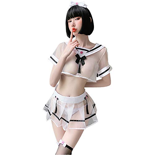 SINMIUANIME Ropa interior de las señoras lindo femenino uniforme escolar sexy falda corta gato y conejo traje de cosplay femenino (7036white)