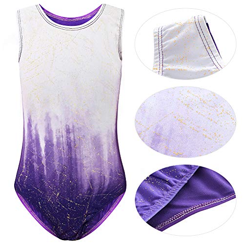 Sinoeem Leotardos de Gimnasia Rítmica para Niños Maillot de Ballet con Gradiente Flash Cuello Redondo Manga Larga/Manga Corta para Niñas de 3-12 Años (Púrpura - Manga Corta, Tag 10A(9-10 Years))