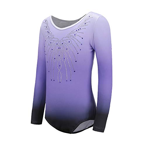 Sinoem Leotardos Gimnásticos para Niñas Manga Larga Maillot de Gimnasia Colorido Gimnasia Leotard para Niñas 5-12Años (9-10 Años, Morado - Manga Larga)