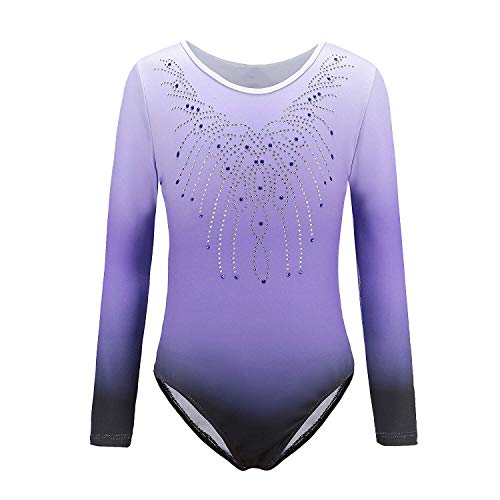 Sinoem Leotardos Gimnásticos para Niñas Manga Larga Maillot de Gimnasia Colorido Gimnasia Leotard para Niñas 5-12Años (9-10 Años, Morado - Manga Larga)