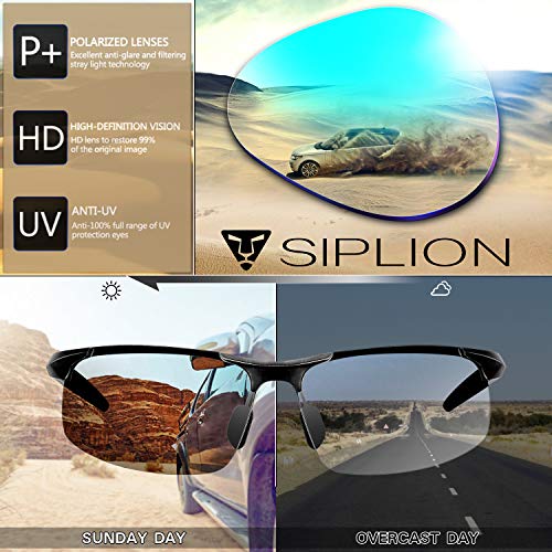 SIPLION Gafas de sol deportivas polarizadas para hombre, gafas de sol Al-Mg, montura de metal, ultraligeras, Lentes fotocromáticas 8729 negras, Medium