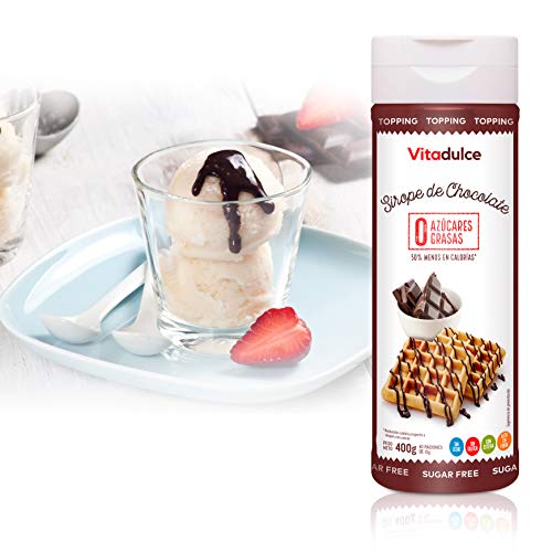 Sirope de chocolate sin azúcares añadidos, Topping de chocolate, Sirope bajo en calorías 400 gr. Pack de 3 unidades - Vitadulce