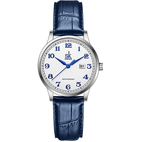 SK Relojes lassic Business para Mujer con Correa de Acero Inoxidable y Elegante Reloj con Calendario para Mujer (Arabic Number-Blue Leather)