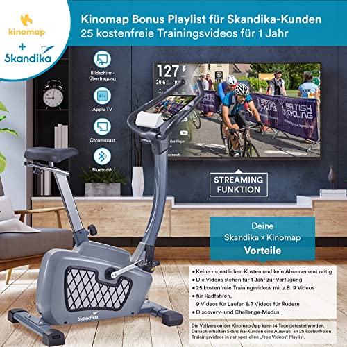 skandika Wiry - Ergómetro/Bicicleta Estática - Bluetooth - 24 programas - Sistema de frenado magnético (Gris)