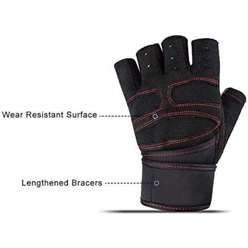 Skevic Guantes Gimnasio Hombre y Mujer - Guantes Gym para Levantamiento de Pesas, Crossfit, Barra Dominadas, Guantes Ciclismo Guantes Fitness con Muñequera Transpirable Antideslizante (Negro Rojo, XL)