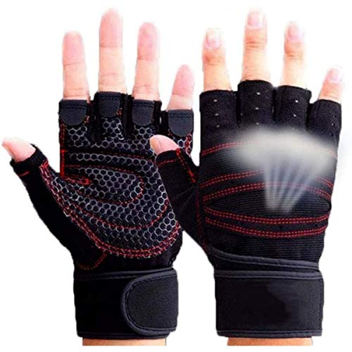 Skevic Guantes Gimnasio Hombre y Mujer - Guantes Gym para Levantamiento de Pesas, Crossfit, Barra Dominadas, Guantes Ciclismo Guantes Fitness con Muñequera Transpirable Antideslizante (Negro Rojo, XL)