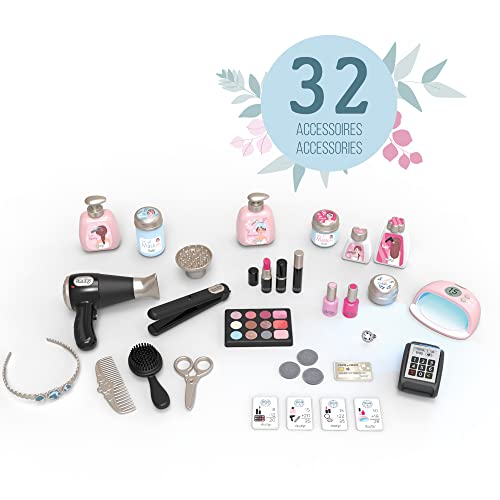 Smoby - My Beauty Center- Centro de Belleza con 3 Zonas, Cosmética, Peluquería y Caja Mostrador, Incluye 32 Accesorios, Para Niños a Partir de 3 Años, Medidas Montado: 97.5 x 51.4 x 100.2 cm