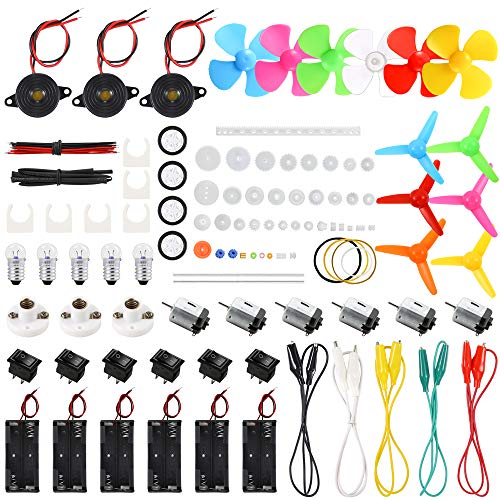 Sntieecr 131 PCS DC Motors Kit, Mini Motor eléctrico 1.5-3V 15000RPM con 66 PCS Engranajes de plástico, Eje de hélice, Bombillas, Zumbador Sirena para Kid DIY Proyecto de ingeniería Stem