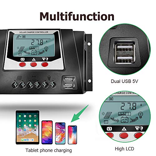 SolaMr 30A Controlador Solar de Carga 12V/24V/36V/48V Voltaje de Identificación Automática Regulador Inteligente con Pantalla LCD para Sistemas Solares Domésticos - WP3048D