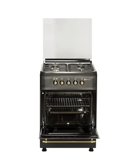 SOLTHERMIC F6S40G2 COCINA GAS NEGRA RUSTICA CON MANDOS DORADOS / ANCHO 60 CMS / 4 FUEGOS CON ENCENDIDO AUTOMATICO / HORNO MULTIFUNCION 60 L. / GAS BUTANO Y GAS CIUDAD / ALTA GAMA