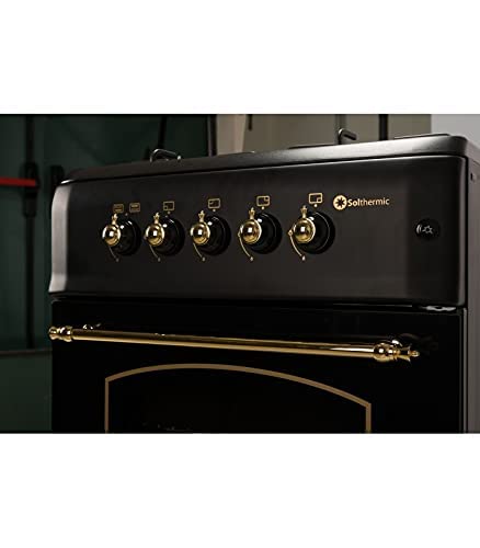 SOLTHERMIC F6S40G2 COCINA GAS NEGRA RUSTICA CON MANDOS DORADOS / ANCHO 60 CMS / 4 FUEGOS CON ENCENDIDO AUTOMATICO / HORNO MULTIFUNCION 60 L. / GAS BUTANO Y GAS CIUDAD / ALTA GAMA