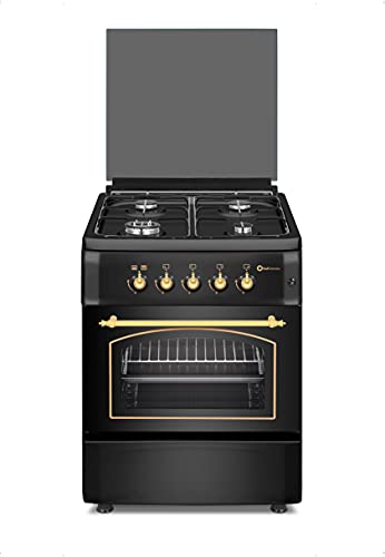 SOLTHERMIC F6S40G2 COCINA GAS NEGRA RUSTICA CON MANDOS DORADOS / ANCHO 60 CMS / 4 FUEGOS CON ENCENDIDO AUTOMATICO / HORNO MULTIFUNCION 60 L. / GAS BUTANO Y GAS CIUDAD / ALTA GAMA