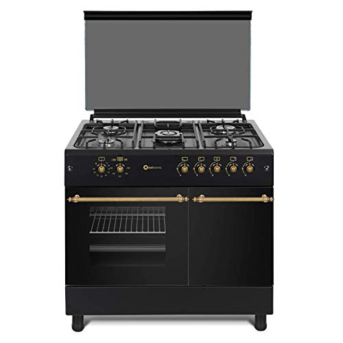 SOLTHERMIC F9LT50G2 COCINA GAS PORTABOMBONA ESTILO RUSTICO/NEGRA CON MANDOS DORADOS / 5 FUEGOS/HORNO 64 L./ ALTA GAMA