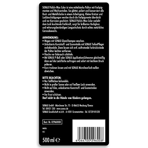 SONAX Polish+Wax Color NanoPro Blanco (500 ml) pulimento de fuerza media con pigmentos de color y componentes de cera | N.° 02960000-544