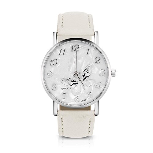 Sonew Reloj de Cuarzo de Las Mujeres Reloj de Pulsera analógico Femenino Redondo Correa de Cuero de la PU Reloj de diseño de Mariposa Simple de la Manera(White)