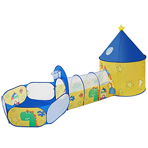 SONGMICS 3 en 1 Tienda campaña Infantil, Casita túnel Infantil Pop-up, con Piscina de Bolas, Tema de Dinosaurio y Espacio, Idea de Regalo, Fiesta de cumpleaños, Amarillo y Azul LPT702Y01