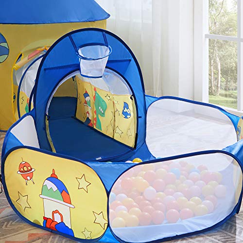 SONGMICS 3 en 1 Tienda campaña Infantil, Casita túnel Infantil Pop-up, con Piscina de Bolas, Tema de Dinosaurio y Espacio, Idea de Regalo, Fiesta de cumpleaños, Amarillo y Azul LPT702Y01